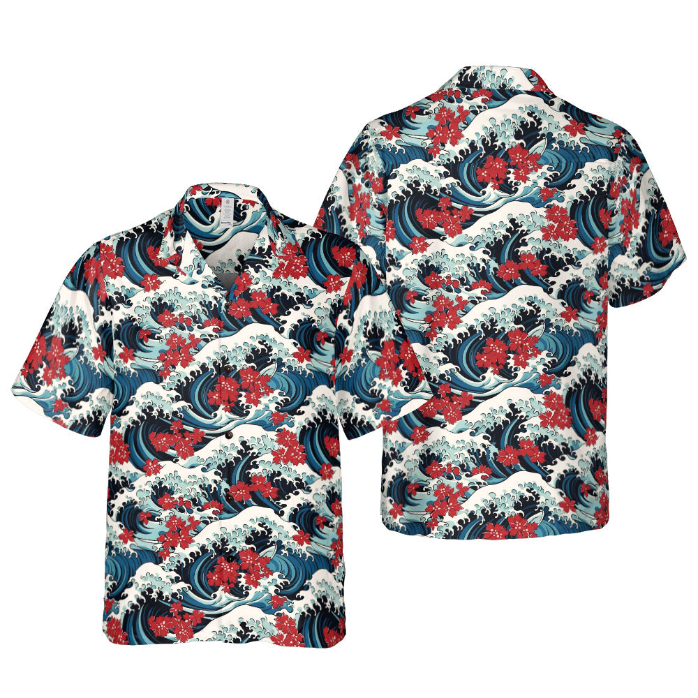 Ocean Waves & Red Flowers Button Up Shirt