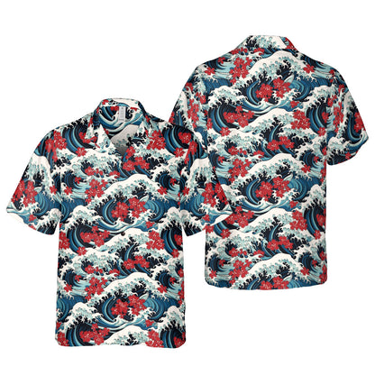 Ocean Waves & Red Flowers Button Up Shirt