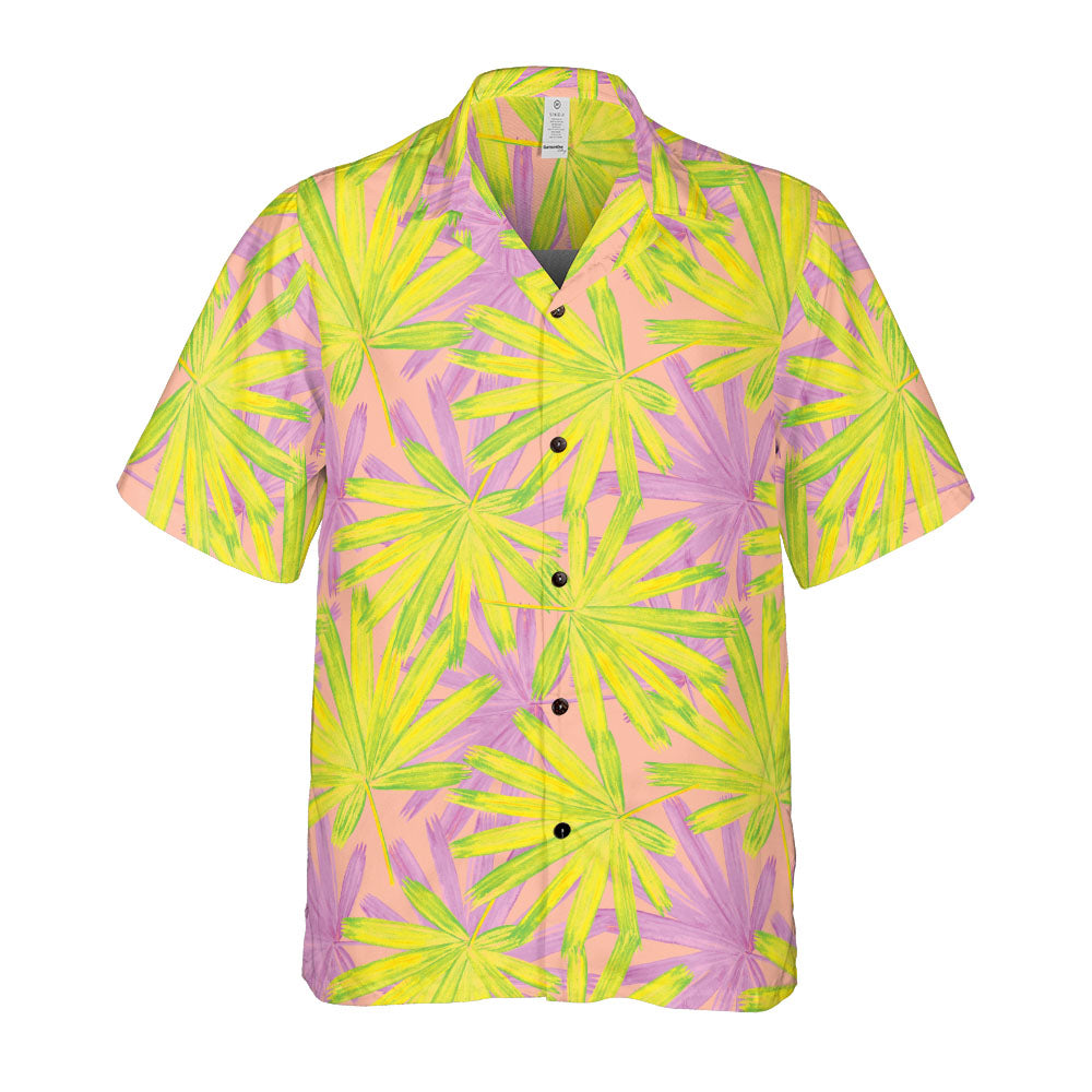 Pink & Yellow Tropical Leaves Button Up Shirt