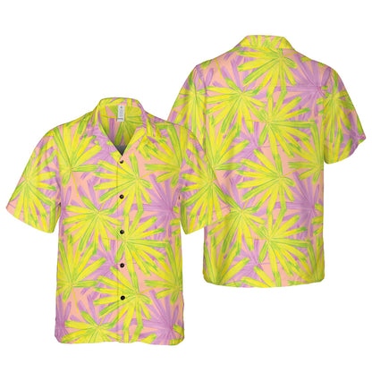 Pink & Yellow Tropical Leaves Button Up Shirt