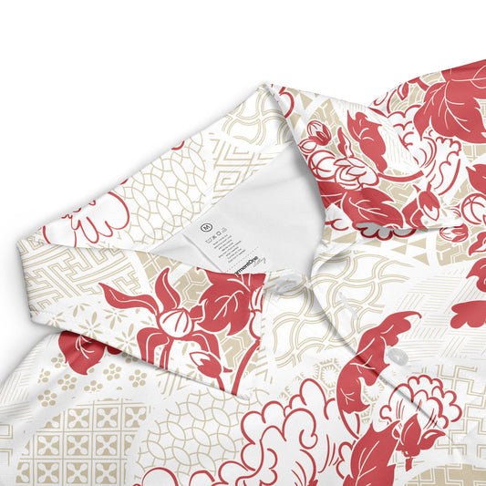Red Flowers & Kimono Polo Shirt