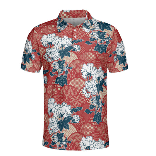 Red Kimono & White Flowers Polo Shirt