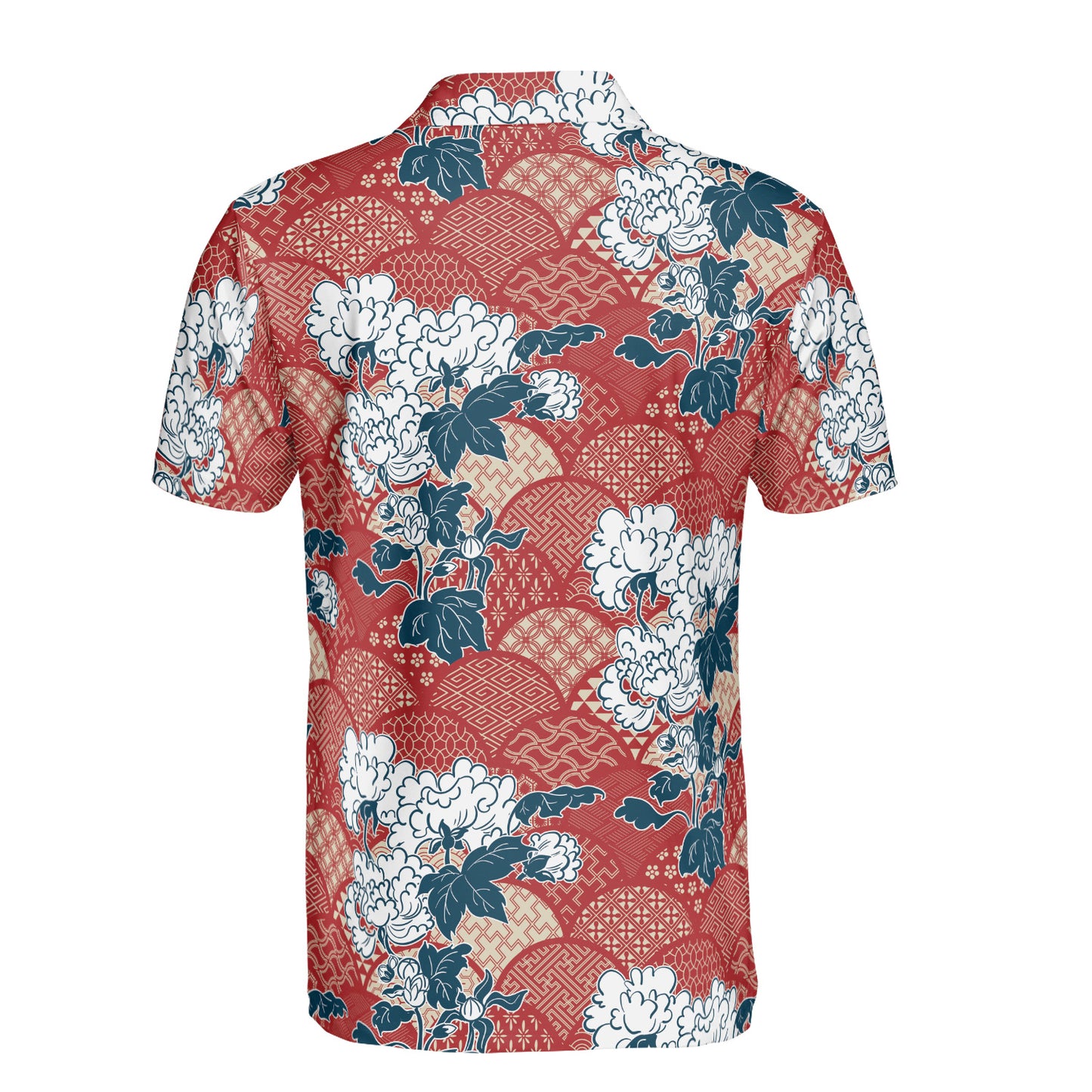 Red Kimono & White Flowers Polo Shirt