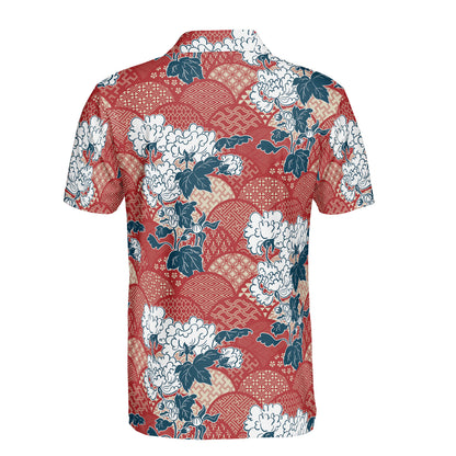 Red Kimono & White Flowers Polo Shirt
