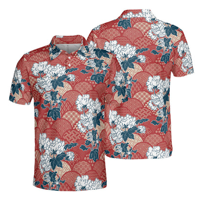 Red Kimono & White Flowers Polo Shirt
