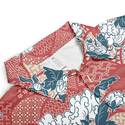 Red Kimono & White Flowers Polo Shirt