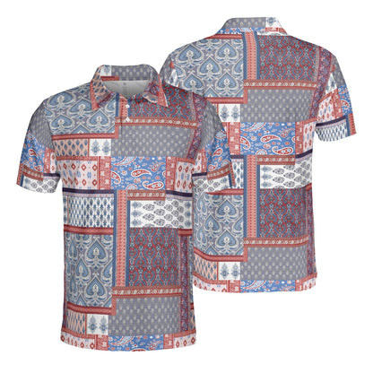 Red & Blue Paisley Patchwork Polo Shirt