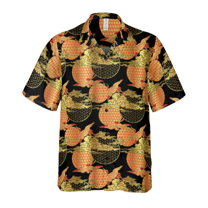 Red & Gold Cranes & Asian Sky Button Up Shirt