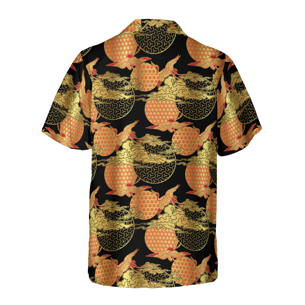Red & Gold Cranes & Asian Sky Button Up Shirt