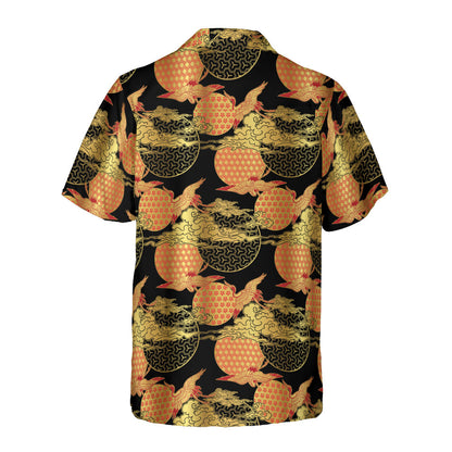 Red & Gold Cranes & Asian Sky Button Up Shirt