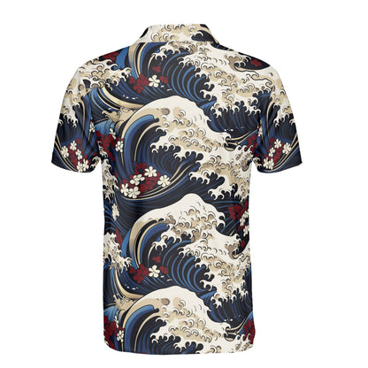 Red & White Flowers & Waves Polo Shirt