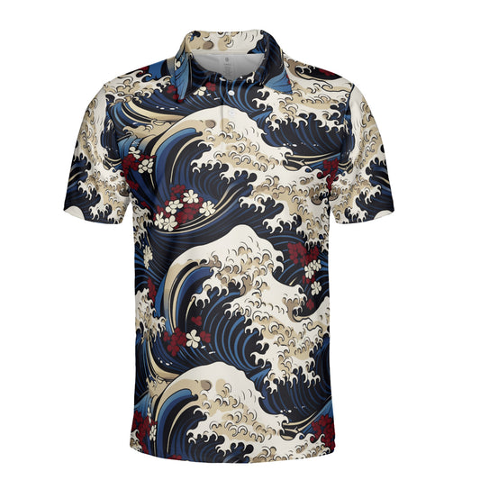 Red & White Flowers & Waves Polo Shirt