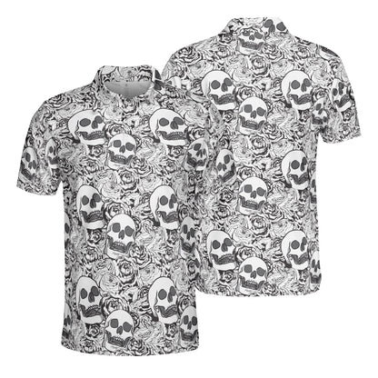 Roses & Skulls Line Drawing Polo Shirt