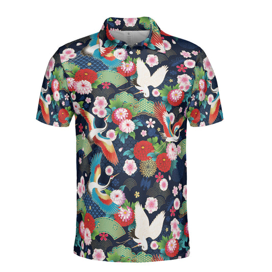 Spring Japanese Pink Flowers & Cranes Polo Shirt
