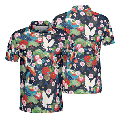 Spring Japanese Pink Flowers & Cranes Polo Shirt