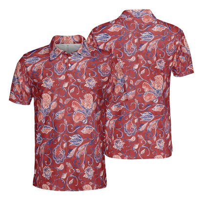 Watercolor Red Paisley Flowers Polo Shirt