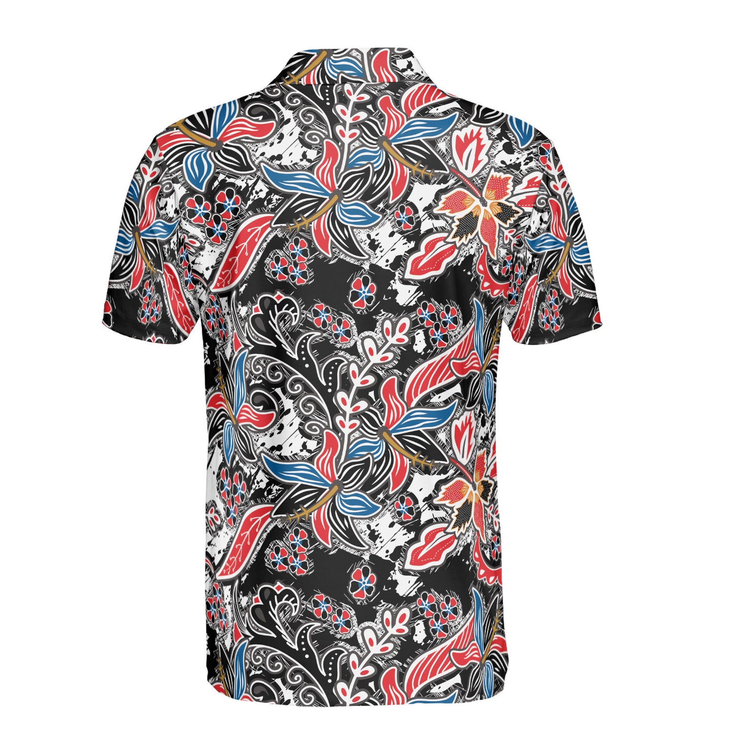 Blue Red & Black Floral Batik Polo Shirt