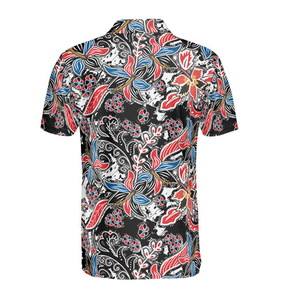 Blue Red & Black Floral Batik Polo Shirt