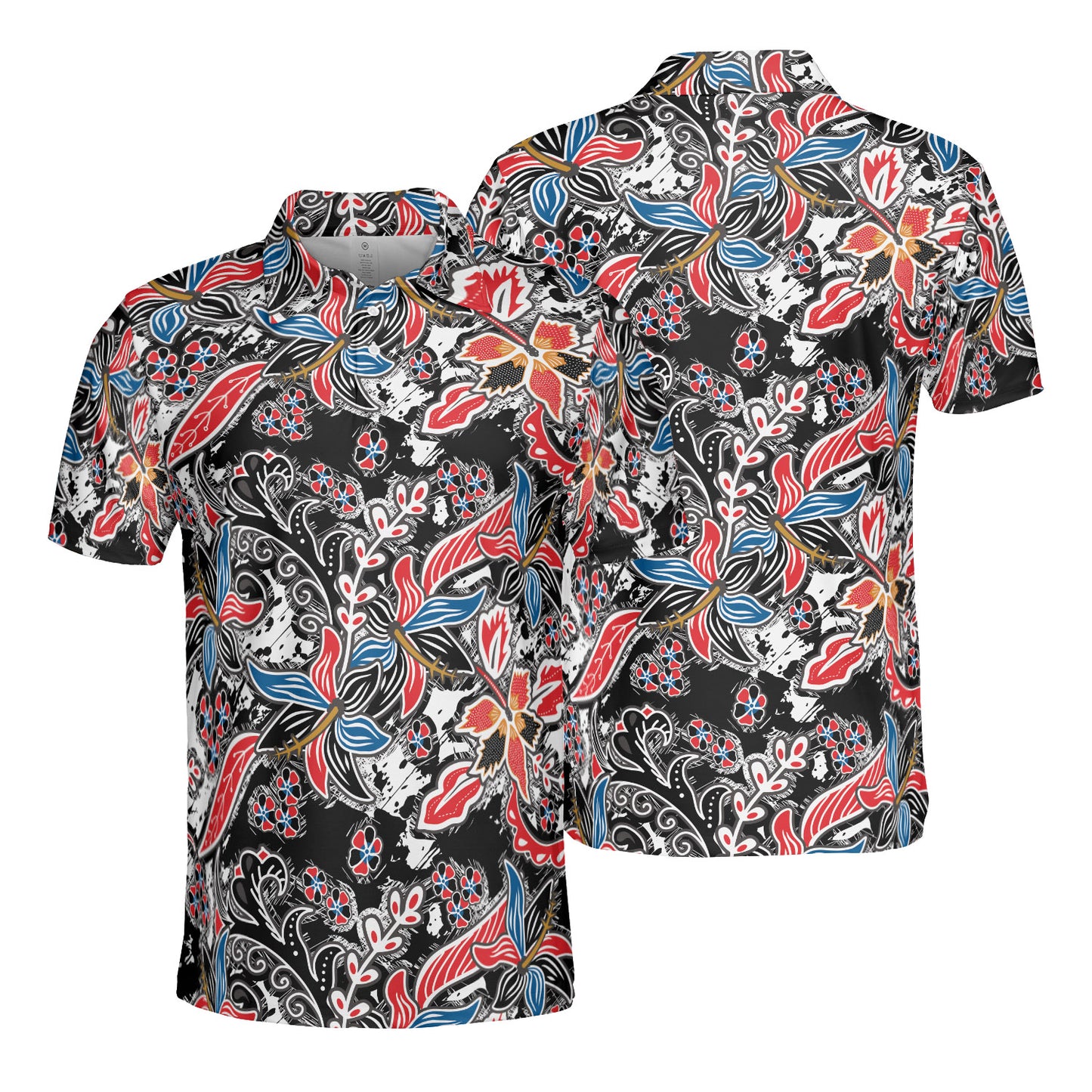 Blue Red & Black Floral Batik Polo Shirt