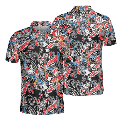 Blue Red & Black Floral Batik Polo Shirt