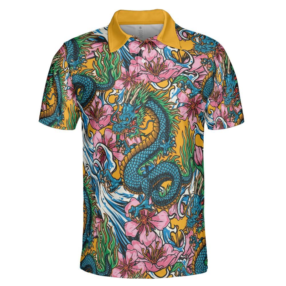 Sakura Flowers And Dragons Polo Shirt