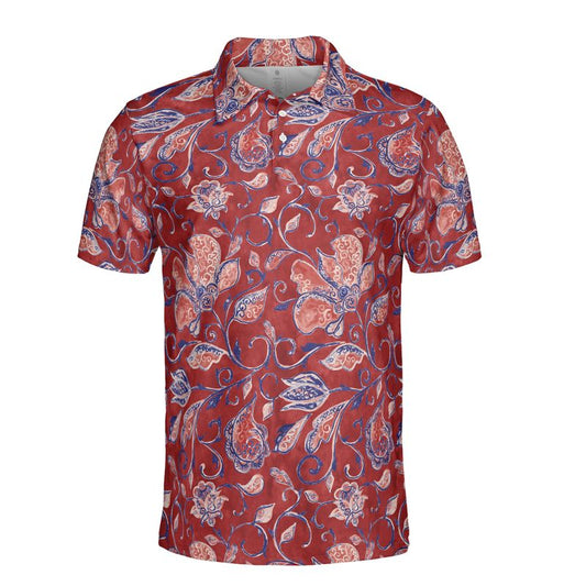 Watercolor Red Paisley Flowers Polo Shirt