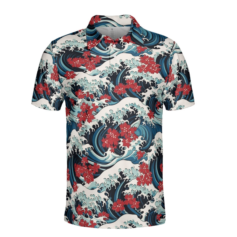 Ocean Waves & Red Flowers Polo Shirt