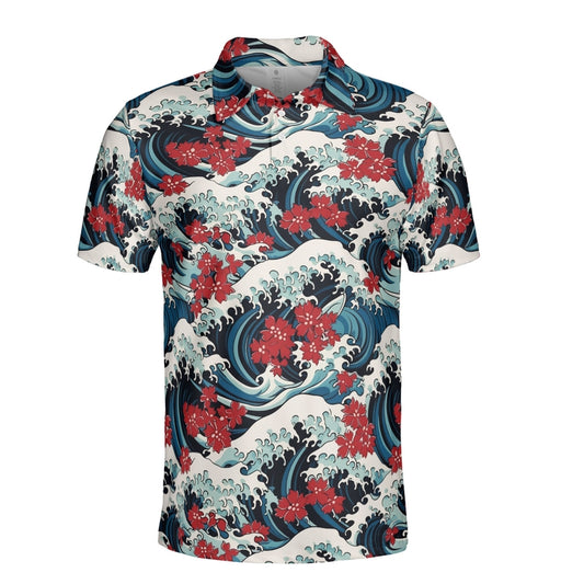 Ocean Waves & Red Flowers Polo Shirt