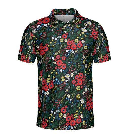 Bright Red White & Yellow Ditsy Flowers Polo Shirt