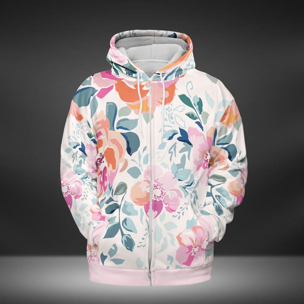 Soft Pink Watercolor Flowers Premium Unisex Zip Hoodie