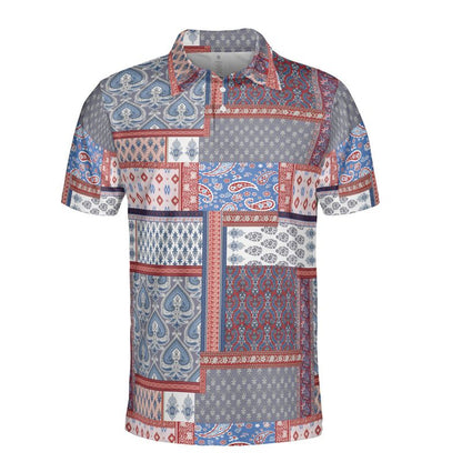 Red & Blue Paisley Patchwork Polo Shirt