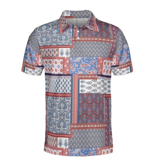 Red & Blue Paisley Patchwork Polo Shirt