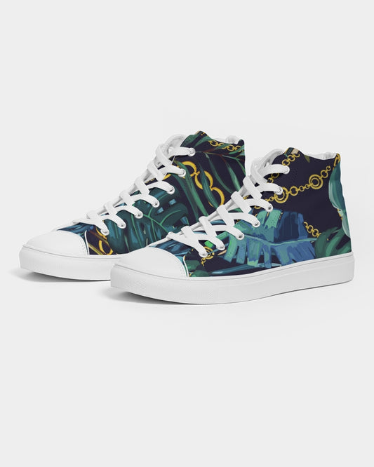 Tropical Leaves And Gold Chains Men's High Top Canvas Shoe