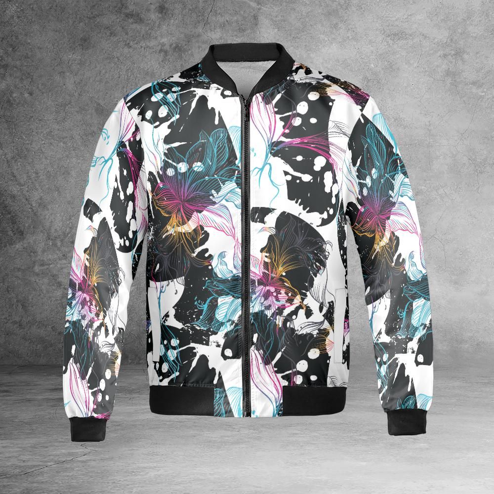 Abstract Gradient Flowers Fleece Bomber Jacket