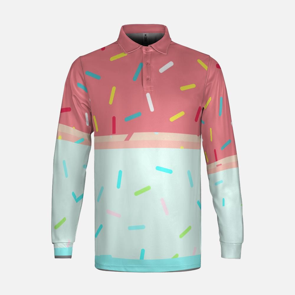 Pink Donut Sprinkles Men's Long Sleeve Polo Shirt