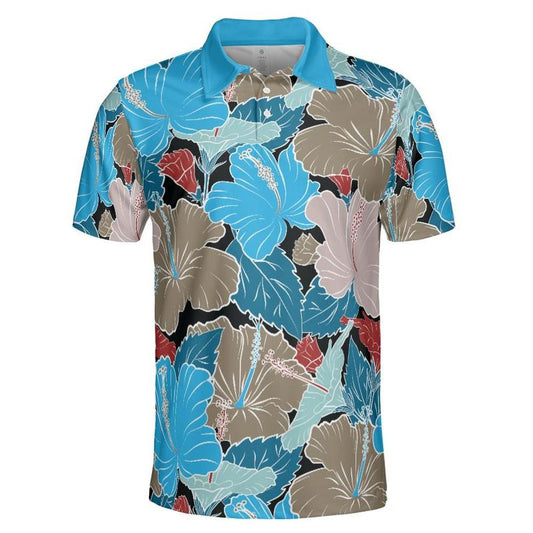 Blue & Grey Hibiscus Flowers Polo Shirt