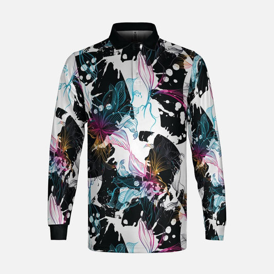 Abstract Gradient Flowers Men's Long Sleeve Polo Shirt